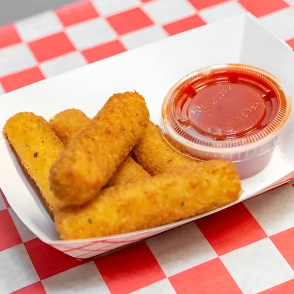 Golden fried mozzarella sticks with a side of red marinara sauce in a white paper tray.