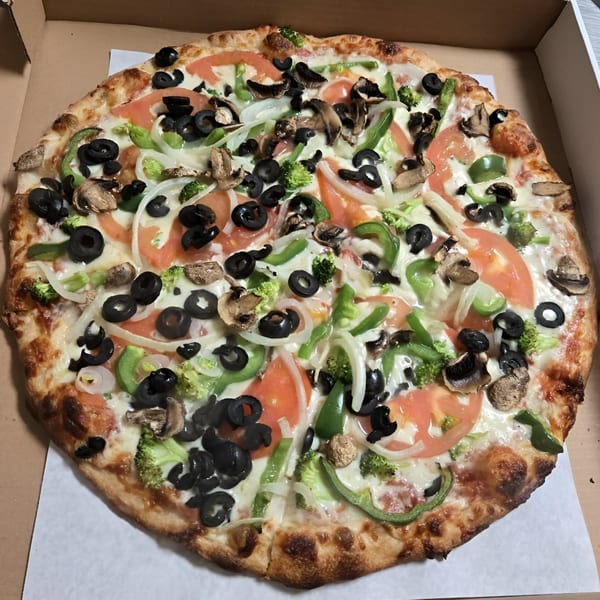 Checkers Pizza's veggie pizza, topped with black olives, green peppers, onions, tomatoes, broccoli, and mushrooms.